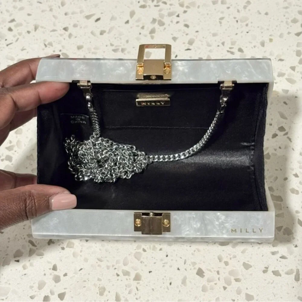Milly Box Acrylic Clutch Swarovski Crystal Rainbow Stripe Removable Chain